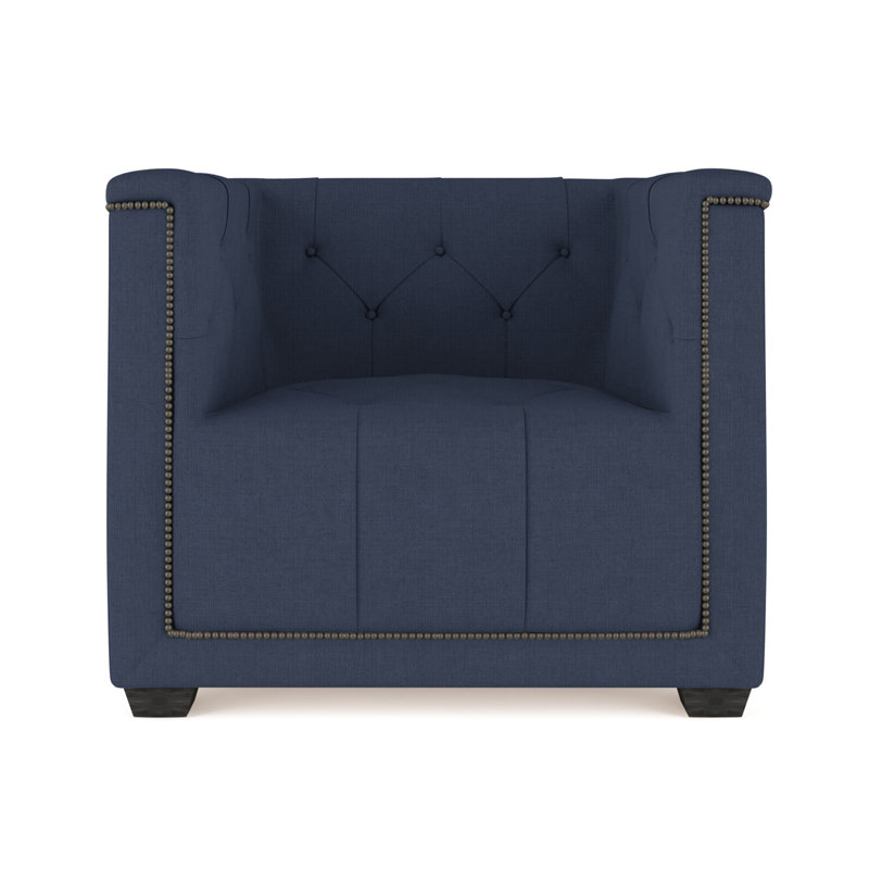 Hudson Armchair, Box Weave Linen Blue Print, Ebony