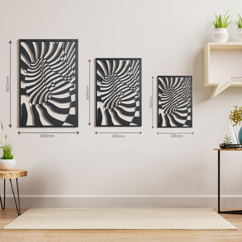 Zebra Duet - Black Metal Wall Art - Optical Illusion Shadowbox Wall Decor, 17.7" H x 13.3" W