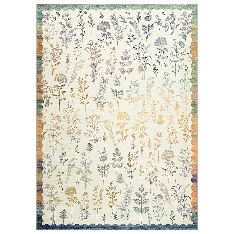 Colorful Floral Machine Washable Rug for Living Room Low Pile Foldable Thin Non Slip Carpet Stain Resistant Non Shedding Floor Cover for Kids Bedroom Nursery