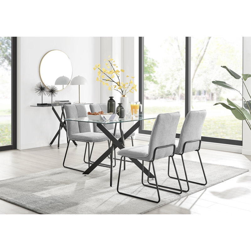 Lenworth Modern Black Metal and Glass Dining Table Set with 4 Luxury Upholstered Dining Chairs, Light Gray