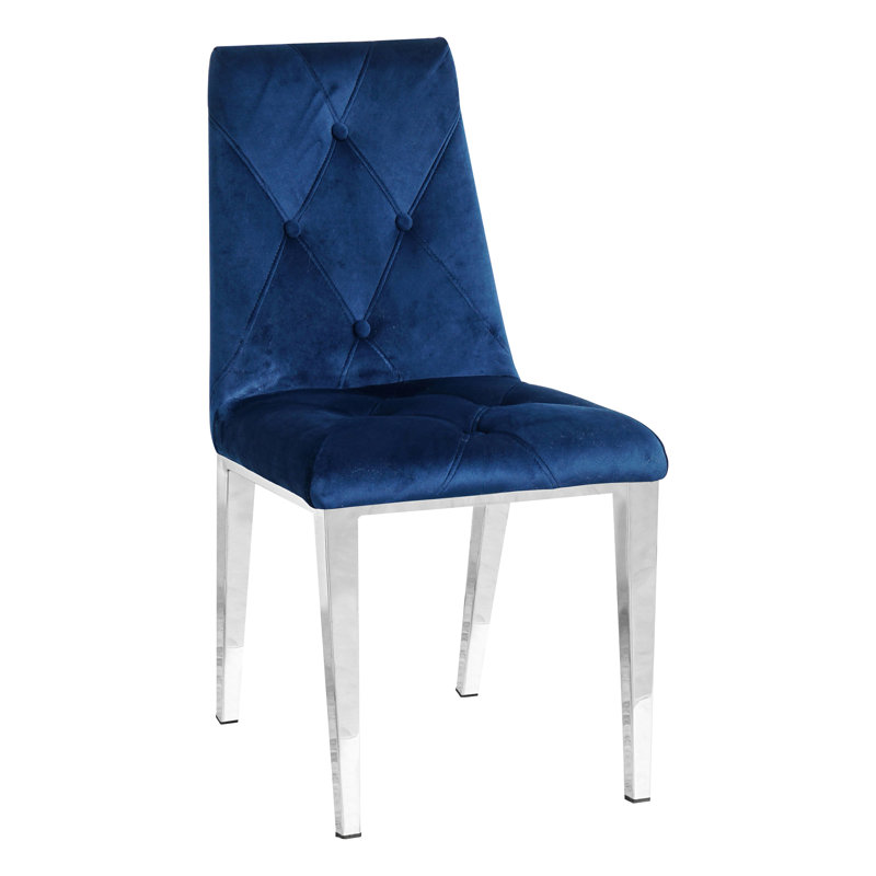 19.29'' H Tufted Velvet Upholstered Side Chair, Blue, Silver