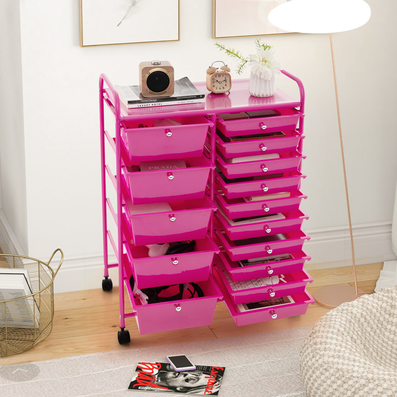 Hot Pink Steel Frame 15-Drawer Rolling Storage Cart