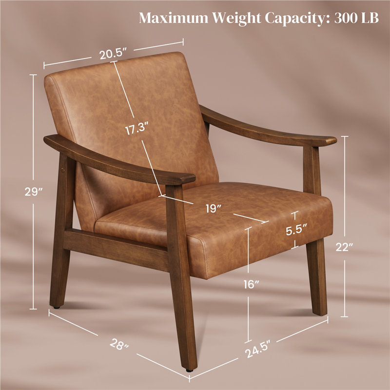 Asmat 24.5" W Mid-Century Modern Faux Leather Armchair with Solid Wood Legs, Brown