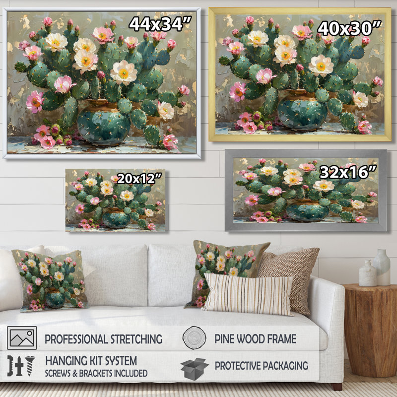 Cactus vert et rose en fleurs - Cactus floral, Toile avec cadre flottant or, H 12 po x l 20 po x P 1 po