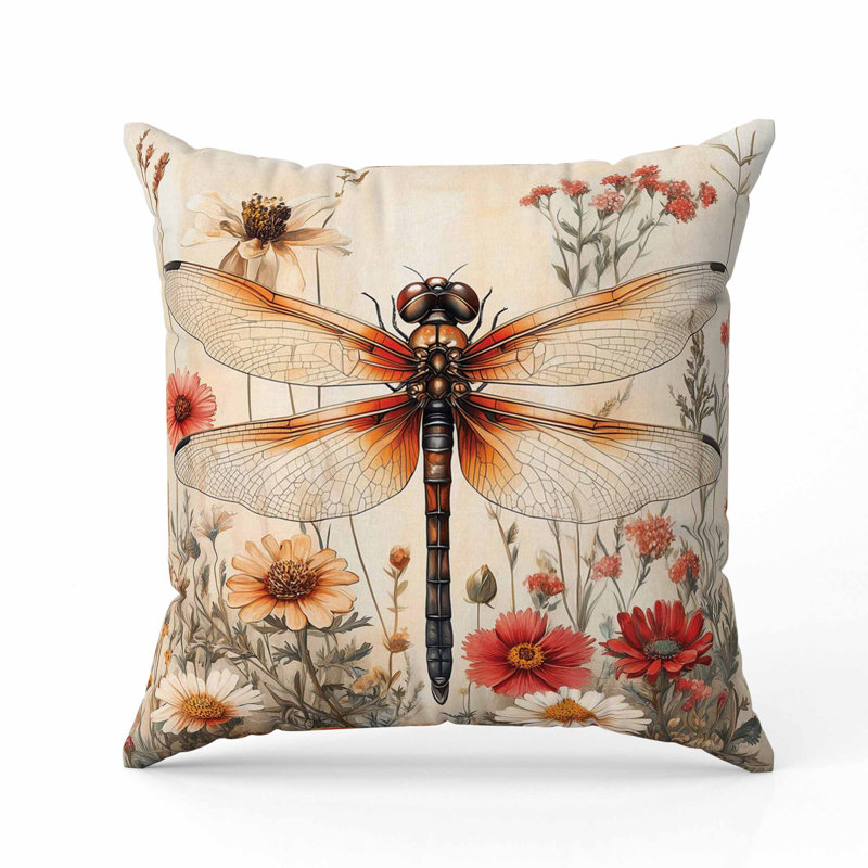 Oreiller en libellule Wildflower, H 16 po x l 16 po, Rouge / Beige