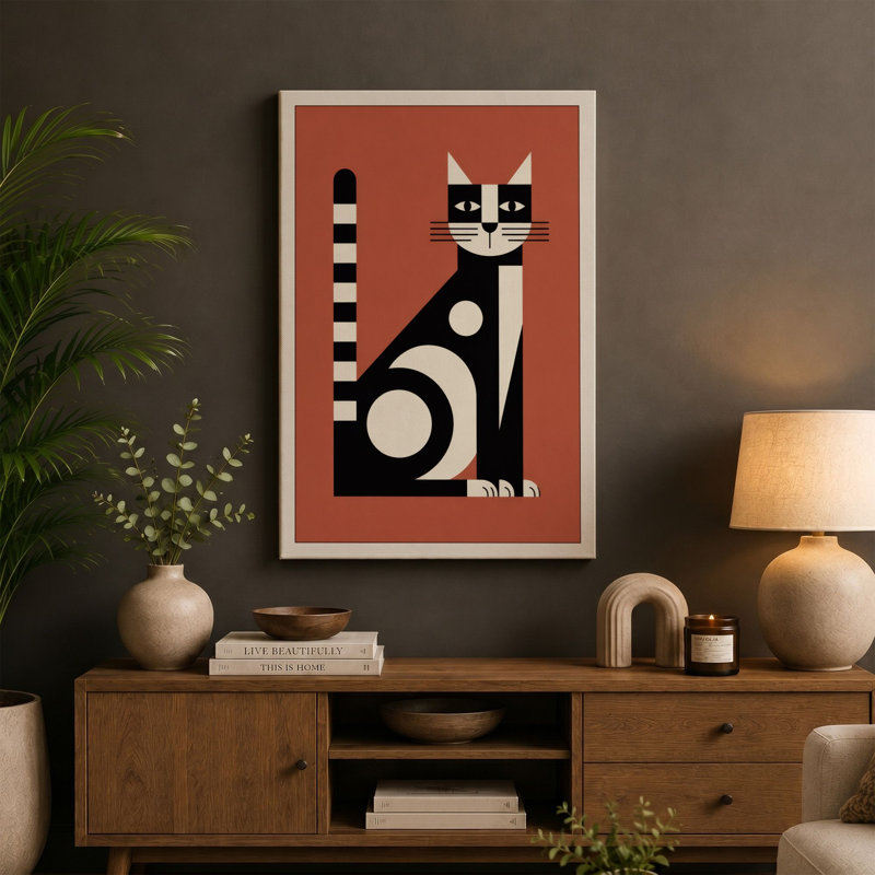 Geometric Cat Mid-Century - Wrapped Canvas, 36x24 - 91.4 x 61.0 cm, Taupe Border