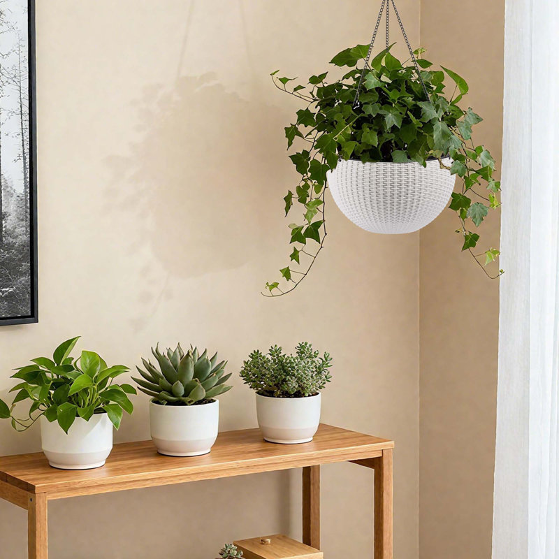 13.4 Inch Self-Watering Hanging Rattan-Inspired Planter Large Capacity, Root-Rot Resistant Water Storage With Water Level Indicator, Dual-Use For Indoor & Balcony Decoration (Pack Of 2, White)
