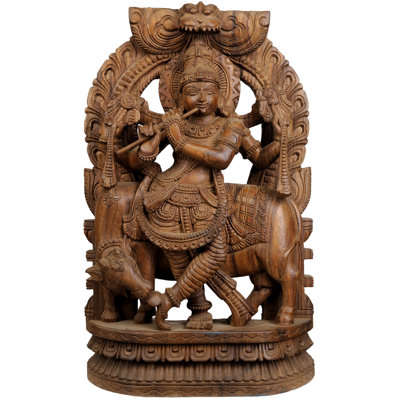 Sculpture en bois faite à la main de Lord Krishna avec vache