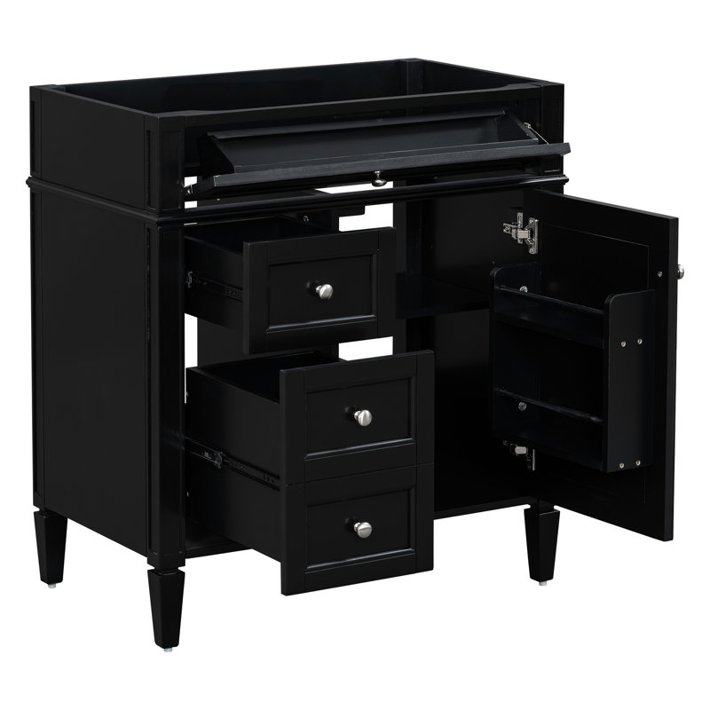 Meuble-lavabo de salle de bain de 30 po sans lavabo, conception moderne, 2 tiroirs et tiroir basculant, rangement divers avec porte d'armoire, glissières de tiroir en métal lisse et bois massif pour le noir