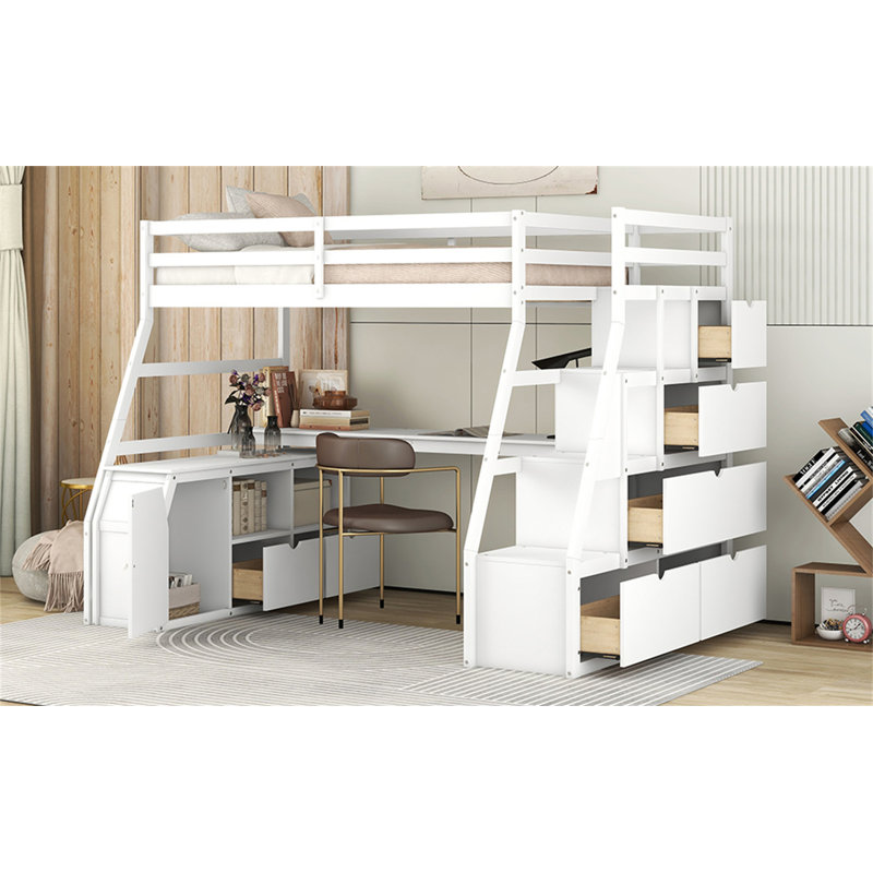 Lit mezzanine simple avec 7 tiroirs, 2 tablettes et bureau pour une utilisation optimale de l'espace et une utilisation multifonctionnelle dans les petites pièces