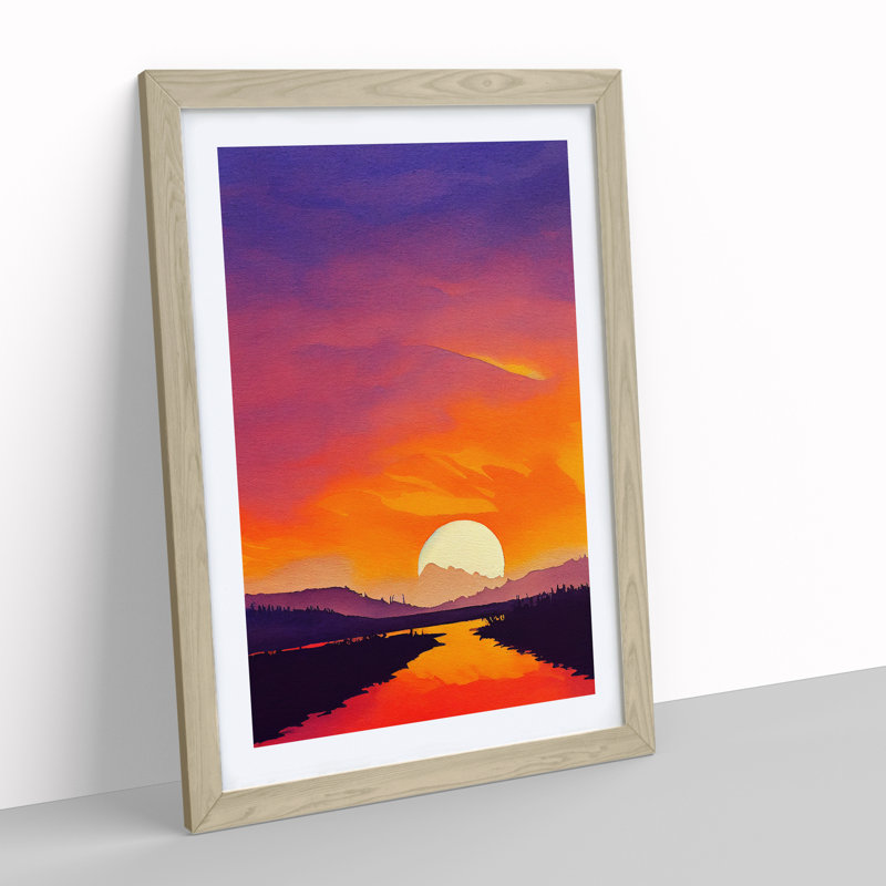XV1022-4306X Sunset Lake Watercolour No.2 - Single Picture Frame Print, 64cm H x 46cm W, Oak Framed