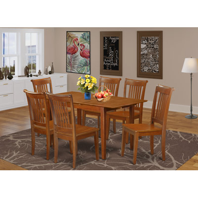 7 Piece Dining Set Consist of a Rectangle Dining Room Table with Butterfly Leaf and 6 Wood Seat Chairs, Saddle Brown