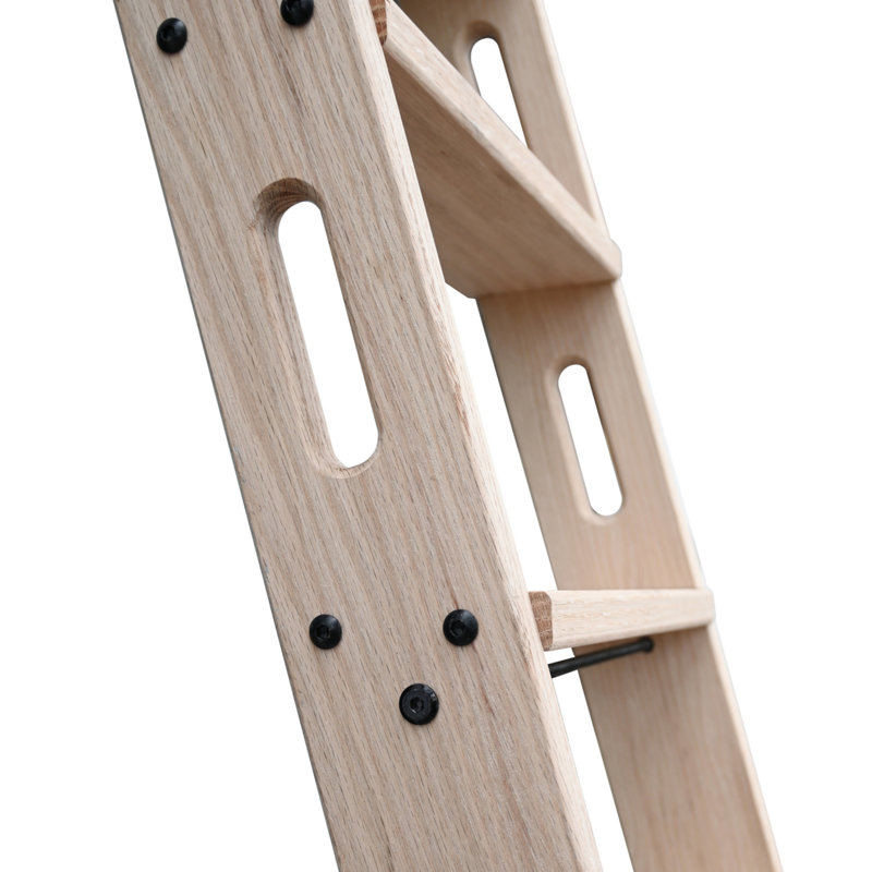Natural Knotty Oak Wood Sliding Library Sliding Step Ladder Rolling Ladder With Removable Hardware, 13.2ft, 87''
