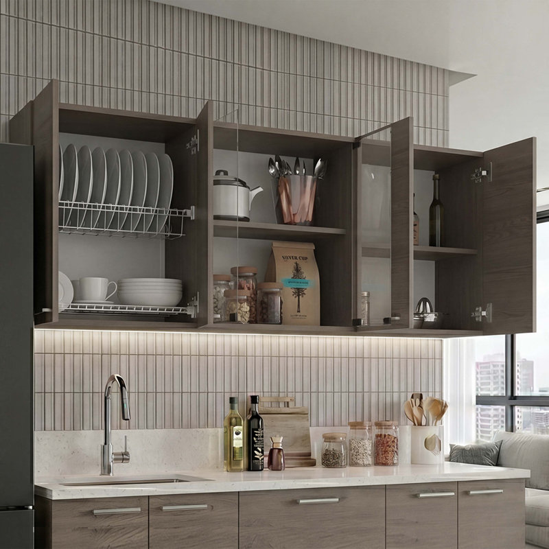 Meuble de rangement mural de cuisine TUHOME Jewlia 59 po L, 6 portes, avec égouttoir à vaisselle et étagères ouvertes - Cannolo