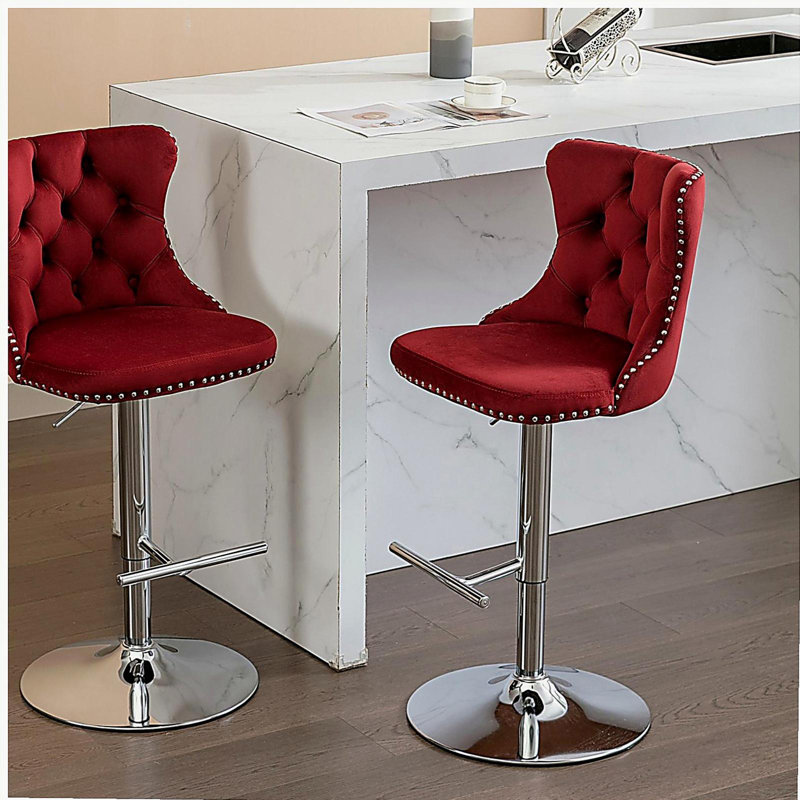 Tabouret de bar pivotant en velours avec hauteur d'assise réglable de 25 à 33 pouces, tabouret de bar à base chromée avec dossier, velours rembourré confortable