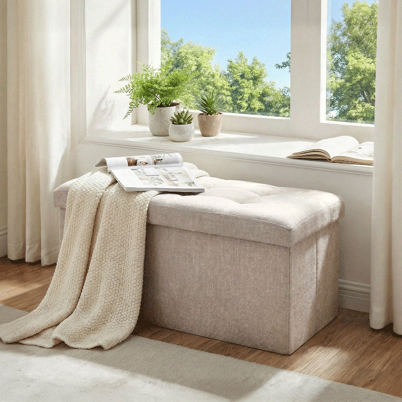 30" Upholstered Folding Storage Ottoman, Tufted Footstool Footrest End of Bed Bench with Padded Seat, Tan