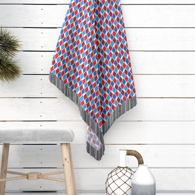 Hand Woven Throw Blanket, 37" W x 52" L, Red/Blue/Mocha, Geometric