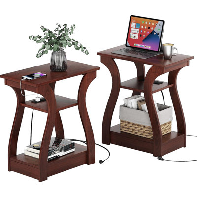 End Tables Living Room Set Of 2,Cherry End Table With Charging Station,Side Table, Nightstand For Bedroom, 3 Tier End Table With Storage Shelf For Living Room(Cherry)