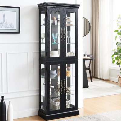 Black Lighted Glass Cabinet With Exquisite Craftsmanship For Pantry, Ideal Display In Kitchen, Enchanting Illumination And Vintage Handle