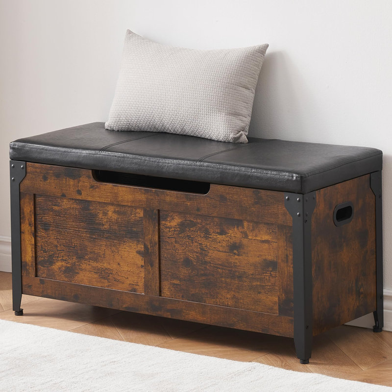 Storage Chest, Wooden Storage Trunk With Metal Frame, Entryway Shoes Bench With Cushio