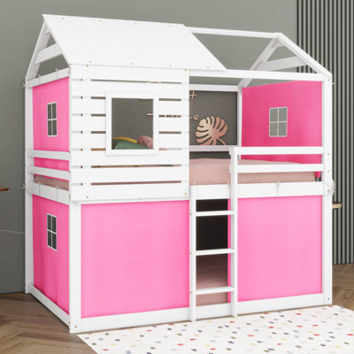 Lit double superposé en bois avec tente, cadre de lit superposé avec fenêtres pour enfants, garçons et filles