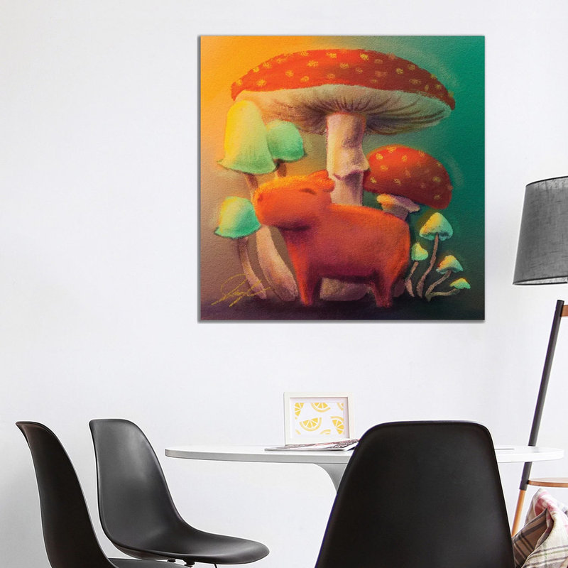 Capybara et champignons - reproduction d'art mural - toile tendue, 37 po x 37 po, Toile tendue avec châssis, Sans cadre