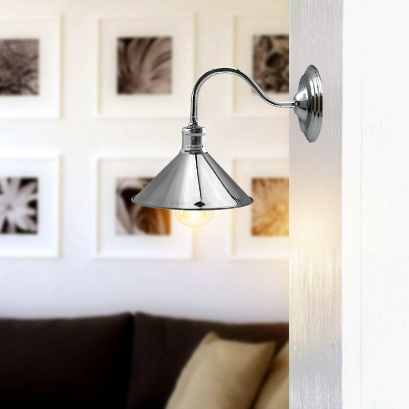 Shaliqua Industrial Armed Wall Sconce — Vintage Industrial Cone Shade, E27 Compatible., Chrome