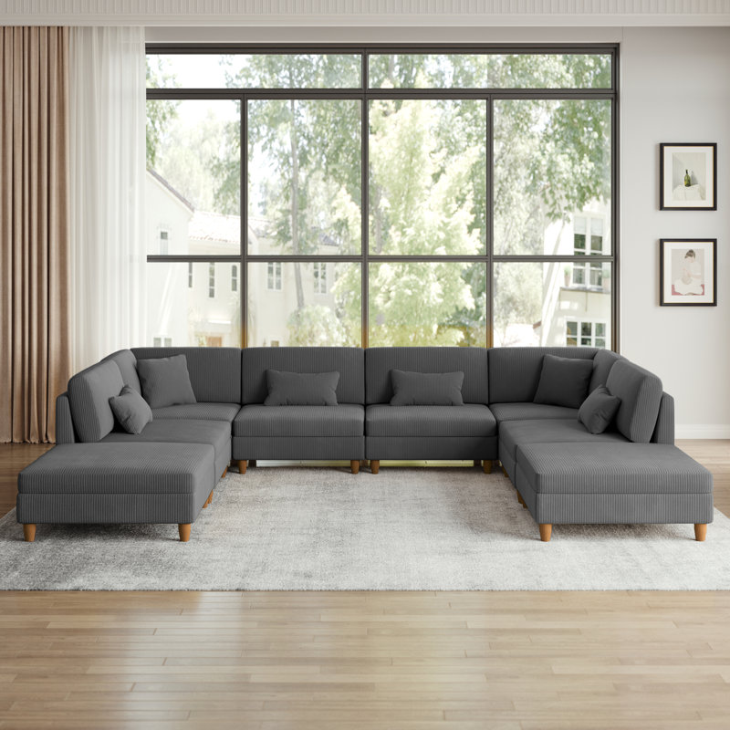 Seemab 8 - Piece Upholstered Corduroy Modular Sectional with Pillow Back and Removable Ottoman, Gray