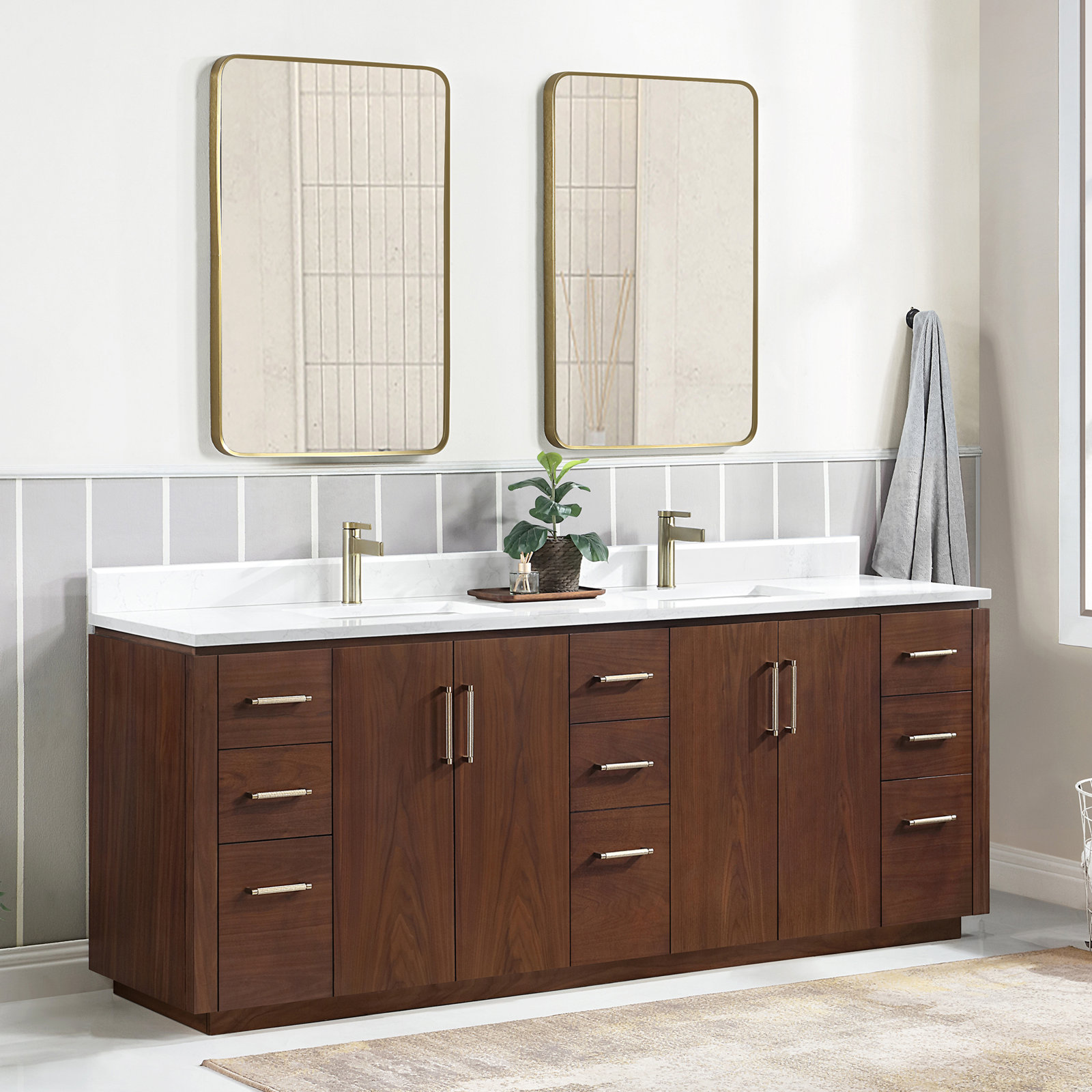 Cloverfield 84'' Double Bathroom Vanity, Natural Walnut, Gold