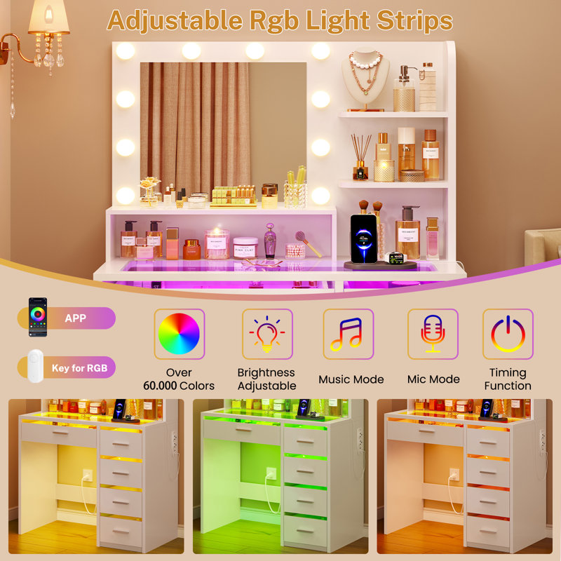 Vanity Desk With Mirror And Lights, Makeup Vanity With 5 Drawers And 3 Storage Shelves, 3 Color Modes & Adjustable Brightness Dressing Table, Vanity Desk For Bedroom