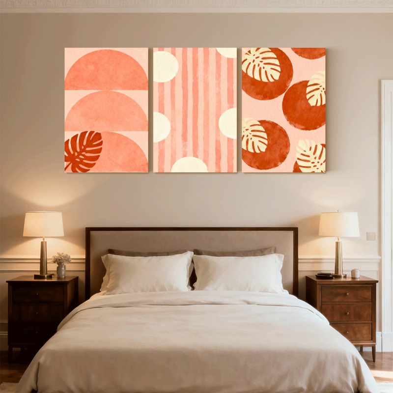 «Boho Contemporary Abstract Shapes Stripes Leaves Circles Pattern Design», ensemble de 3 impressions sur toile