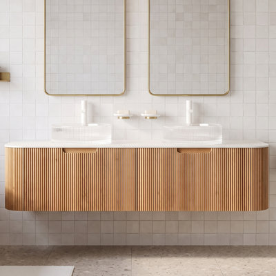 Meuble-lavabo mural en contreplaqué de 152 cm (60 po), couleur grain de bois naturel, armoire de rangement imperméable, résistante à l'humidité et indéformable, avec bords arrondis et motif rayé, préassemblé, robinetterie et bonde non incluses.