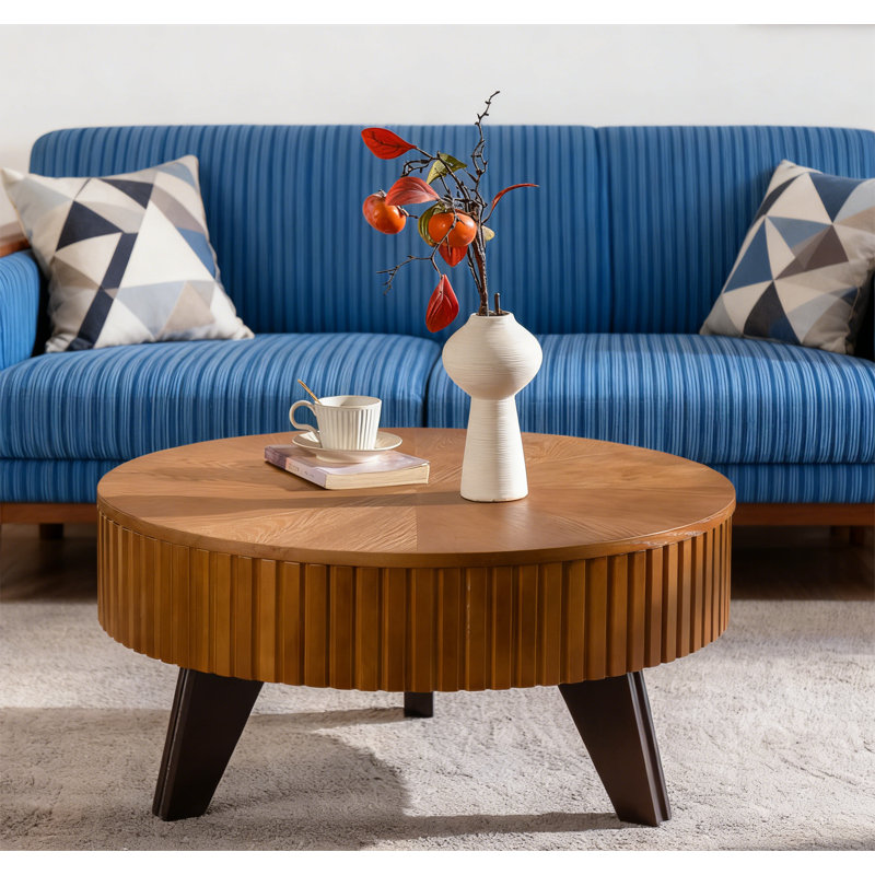 Table basse ronde 31,5 "avec espace de rangement, Plateau naturel / base brune, 15.7" H x 31.5" L x 31.5" W