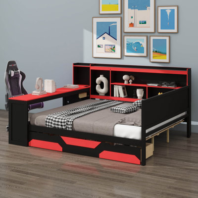 Lit de jour contemporain pour les amateurs de jeux, avec bureau intégré et éclairage, cadre de lit en bois en trois parties, tête de lit intégrée avec bibliothèque