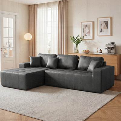 Faux Leather Corner Chaise Sofa Bed, L-Shaped Sectional with High-Density Sponge, No-Assembly Required for Living Room, Apartment, Guest Room