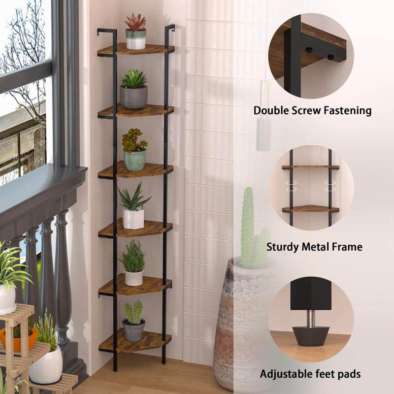 Brown Metal and Wood 6-Tier Corner Ladder Bookcase