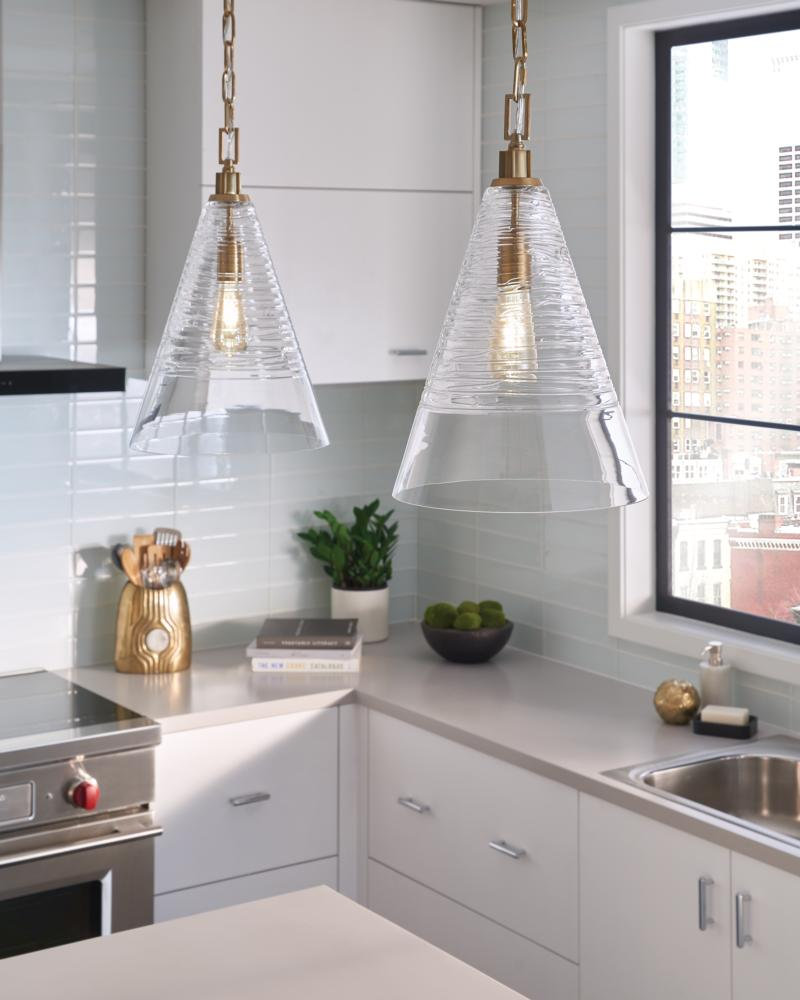 Single Light Ribbed Glass Dimmable Pendant, Burnished Brass