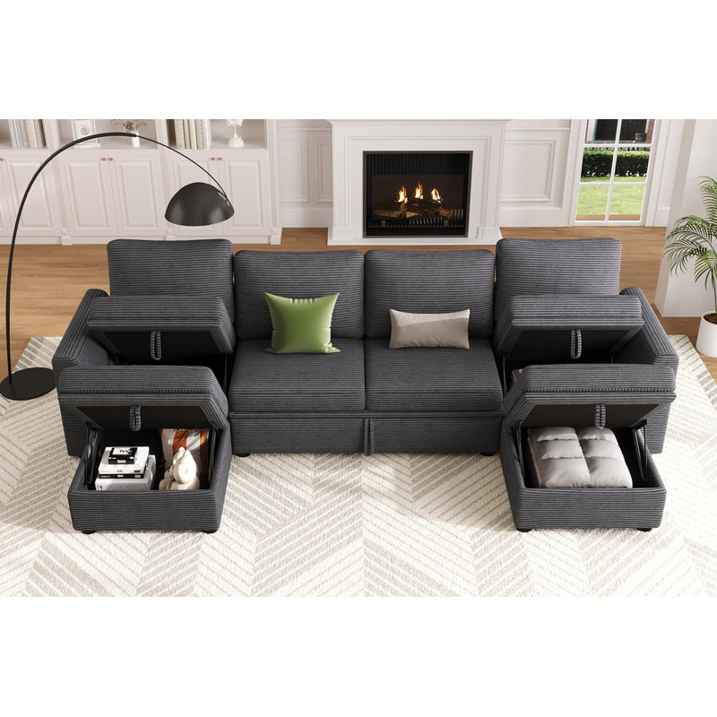 Canapé-lit modulaire en U avec lit escamotable, canapé modulaire en velours côtelé 6 places avec rangement caché et 2 repose-pieds pour le salon