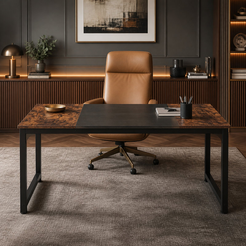 Bureau d'ordinateur de direction avec cadre en acier renforcé, Brun / Noir, H 29,53 po x l 70,87 po x P 31,5 po