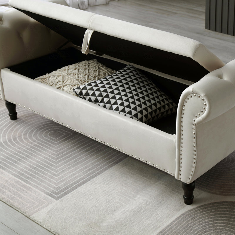 Aijia 63" Velvet Multifunctional Storage Rectangular Sofa Stool Buttons Tufted Nailhead Trimmed Solid Wood Legs With 1 Pillow