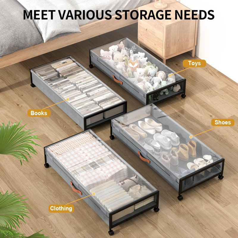 Under Bed Storage With Wheels, Under Bed Storage Containers With Clear Lids, Grey, Gray