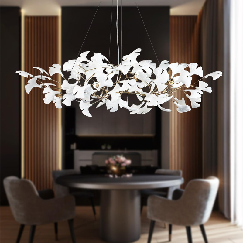 Grands lustres en céramique à feuilles de ginkgo avec structure en forme de branche en laiton pour la salle à manger