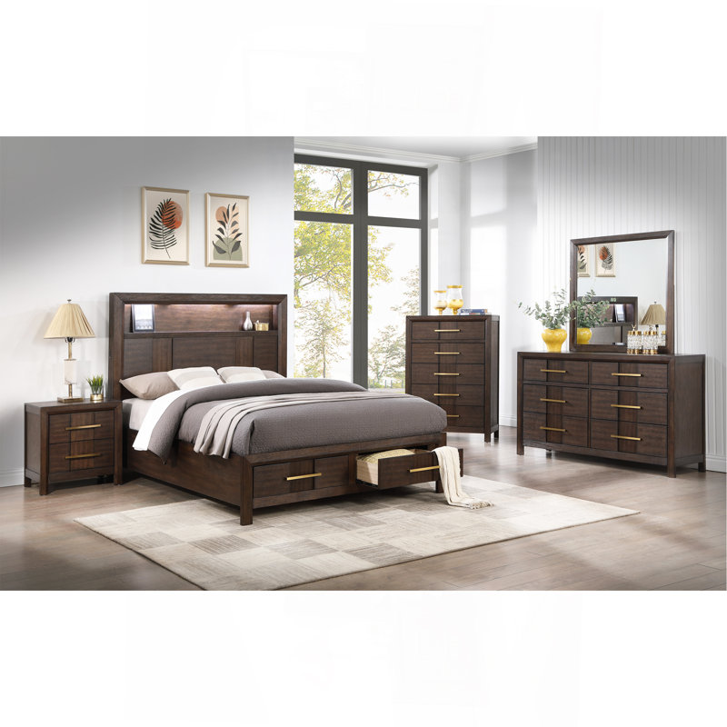Ensemble de chambre à coucher de style moderne avec rangement pour grand lit 5 pièces en bois, tête de lit à DEL, haut-parleurs Bluetooth et ports USB - noyer