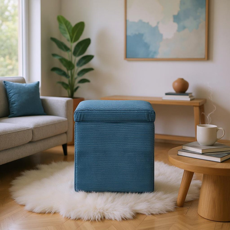 Storage Ottoman in Cotton Linen & Corduroy Options, 16.5"x16.5"x17.3", 18.7lbs - Footrest & Seat, Blue Corduroy