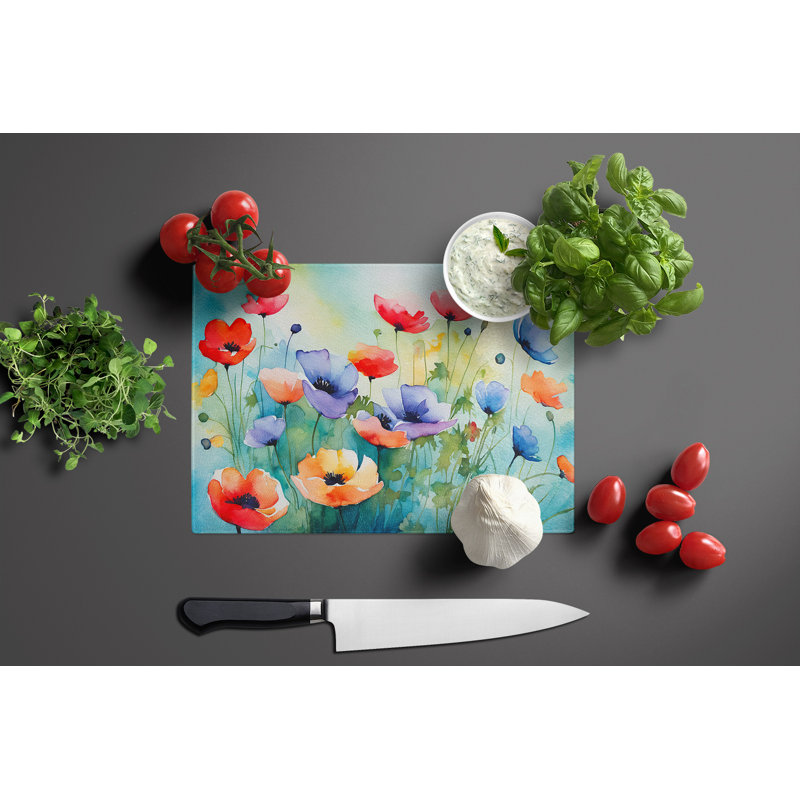 Anemones in Watercolor Glass Cutting Board Large