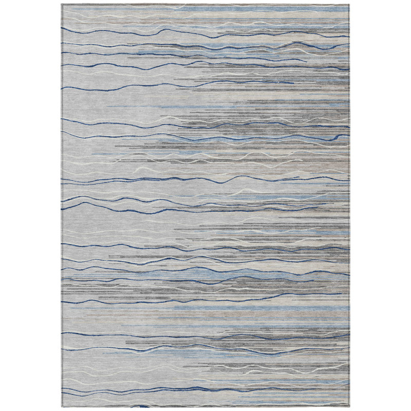 Tapis intérieur lavable rayé gris argenté et bleu 5 pi x 8 pi