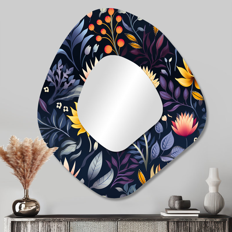 Jaune zen floral méditatif - miroir mural floral asymétrique, miroir décoratif de forme irrégulière jaune, impression d'art en métal