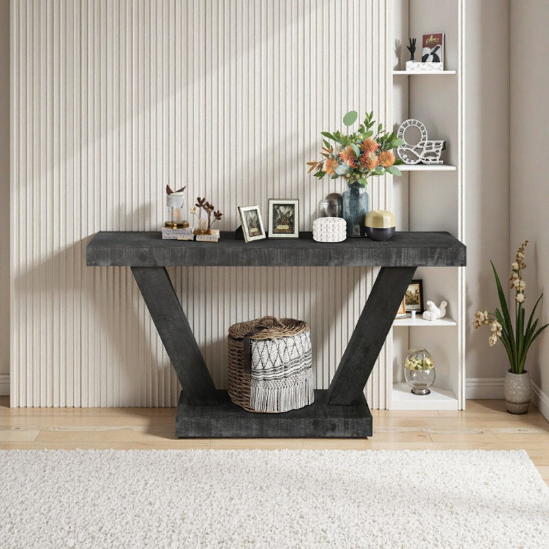 60" Vintage Distressed Wood Entryway Bench, 2-Tier Storage Cabinet, Rustic Wide Hallway & Behind Sofa Console Table, Antique Black