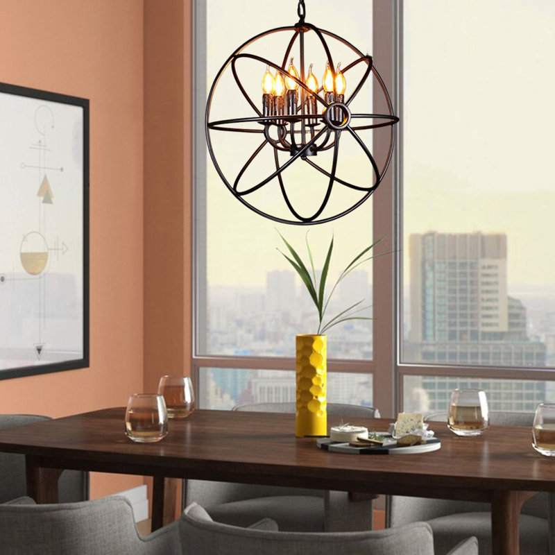 Luminaire suspendu sphère 6 lumières DEL avec détails en fer forgé
