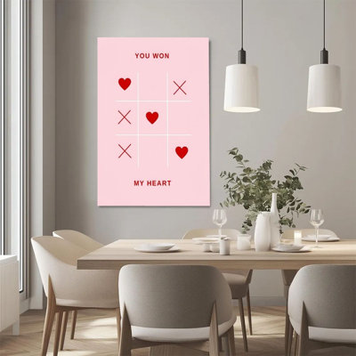Art mural sur toile encadré en 2 dimensions en 2 dimensions, thème de l'amour, cœur et jeu de tic-tac-toe, impression sur toile de style minimaliste, décoration idéale pour la Saint-Valentin, prêt à accrocher